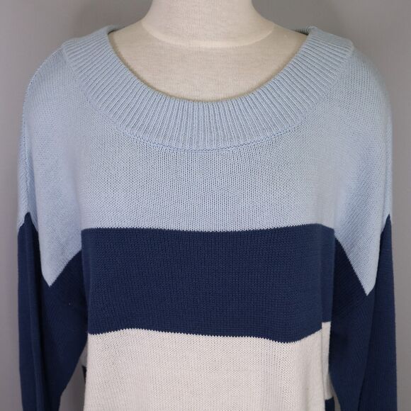 Lucky Brand Sweater Womens Large Blue White Stripe Cotton Colorblock Nautical - Picture 7 of 12